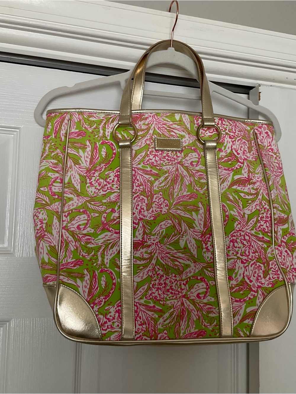 Lilly Pulitzer Pink & Green Floral Tote with Gold Trim